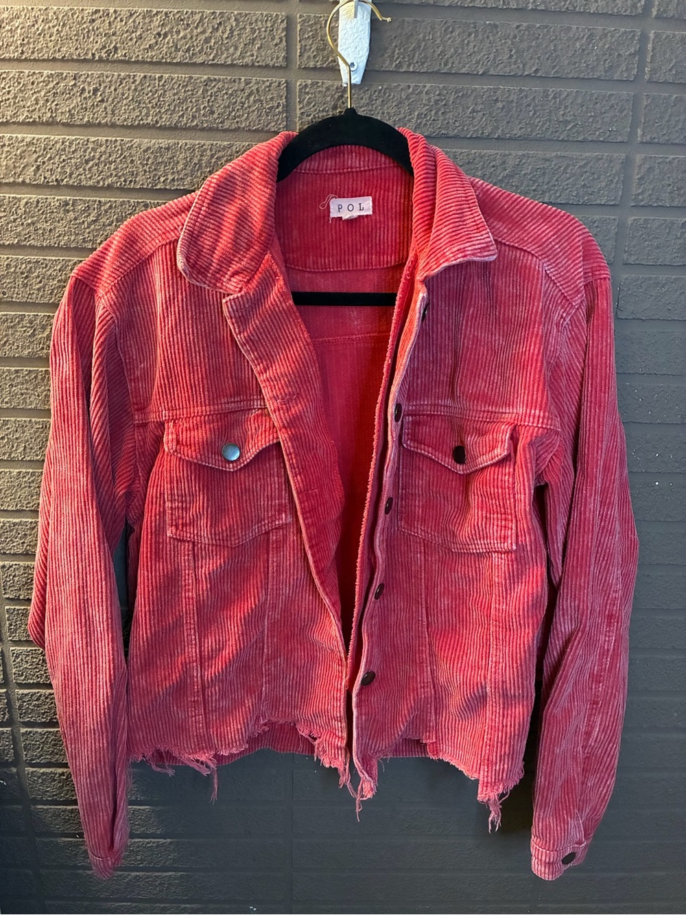 POL Corduroy Distressed Raw Hem Shacket Jacket Pink Red Small